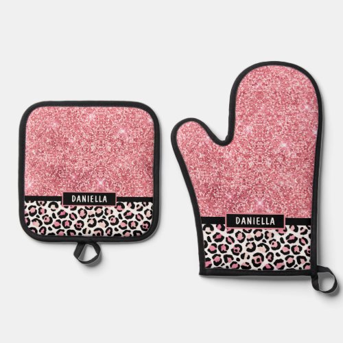 Pink Glitter Leopard Print Shimmer Personalized Oven Mitt  Pot Holder Set