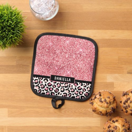 Pink Glitter Leopard Print Shimmer Personalized Pot Holder