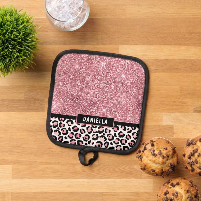 Pink Glitter Leopard Print Shimmer Personalized Pot Holder (Top Down)