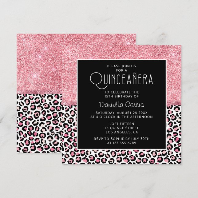 Pink Glitter Leopard Print Shimmer Quinceañera Invitation (Front/Back)