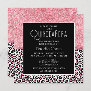 Pink Glitter Leopard Print Shimmer Quinceañera Invitation