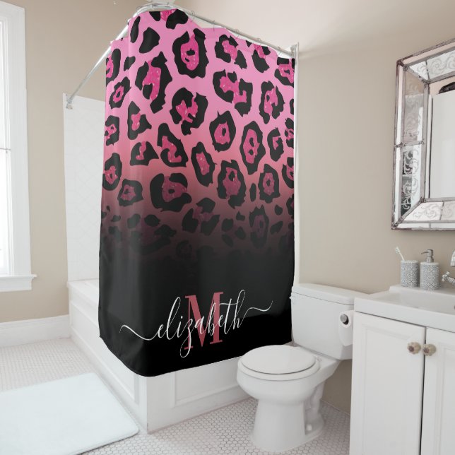 Pink Glitter Leopard Print Shower Curtain (In Situ)