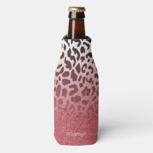 Pink Glitter Leopard Skin Bottle Cooler
