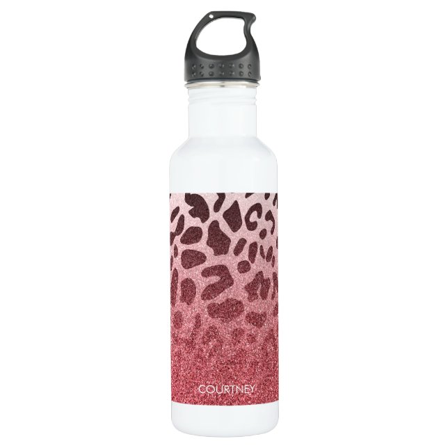 Pink Glitter Leopard Skin Stainless Steel Water Bottle (Front)