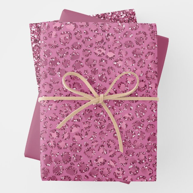 Pink Glitter Leopard Wrapping Paper Sheets (In situ)