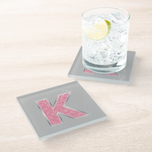 Pink Glitter letter K Glass Coaster