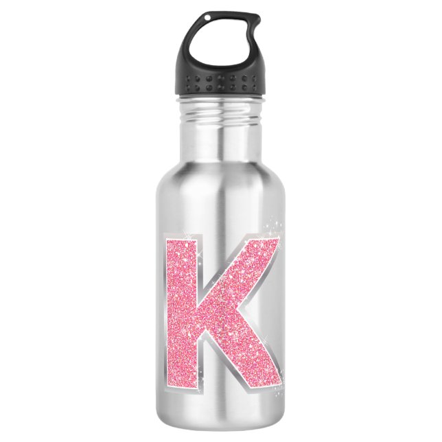 Pink Glitter letter K Stainless Steel Water Bottle (Front)