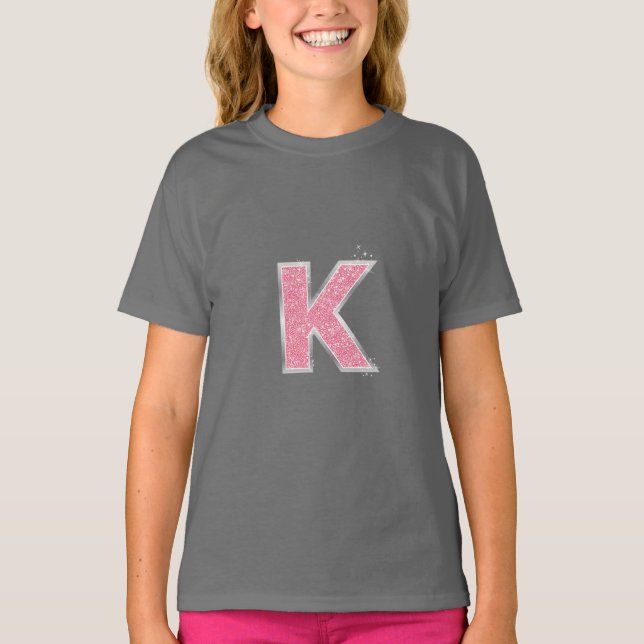 Pink Glitter letter K T-Shirt (Front)