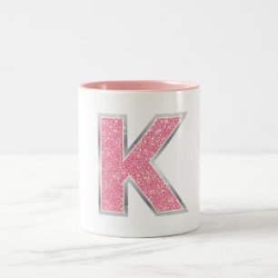 Pink Glitter letter K Two-Tone Coffee Mug