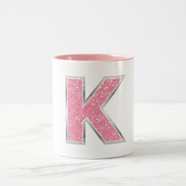 Pink Glitter letter K Two-Tone Coffee Mug (Center)