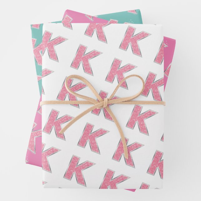 Pink Glitter letter K Wrapping Paper Sheets (In situ)