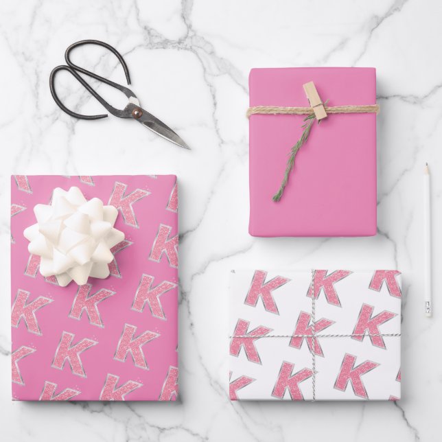 Pink Glitter letter K Wrapping Paper Sheets (Front)