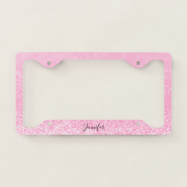 Pink Glitter Lights Personalized License Plate Frame (Front)