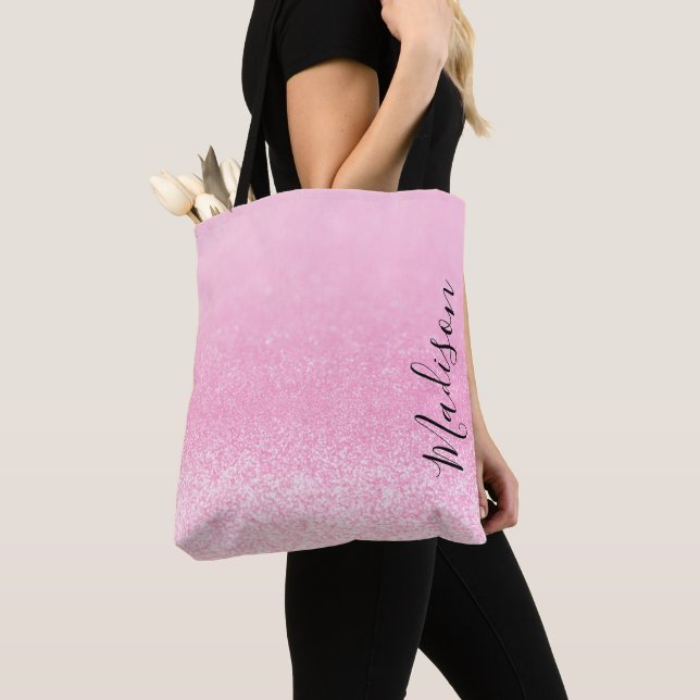 Pink Glitter Lights Personalized Tote Bag (Close Up)