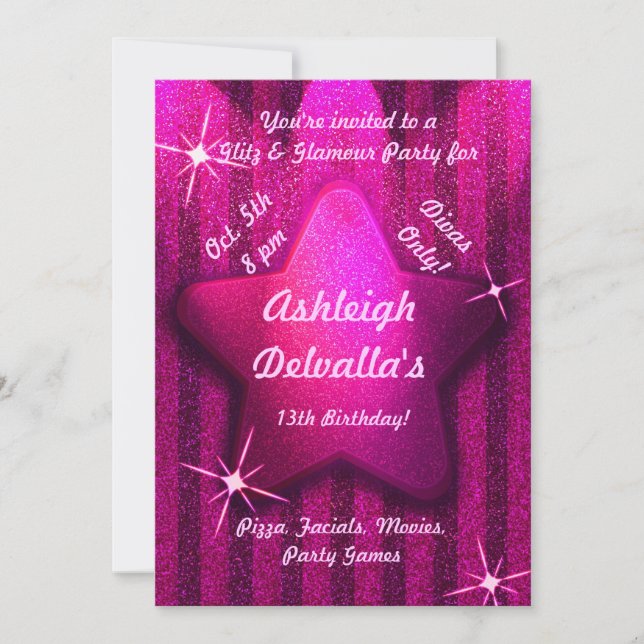 Pink Glitter-Like Star Birthday Party Invitations (Front)