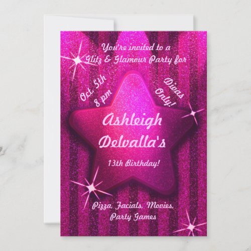 Pink Glitter-Like Star Birthday Party Invitations