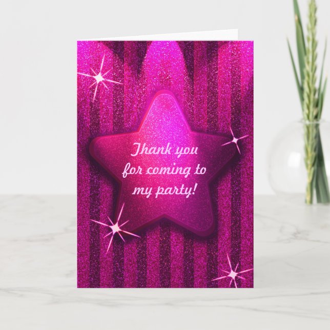 Pink Glitter-Like Star Birthday Thank You Card (Front)