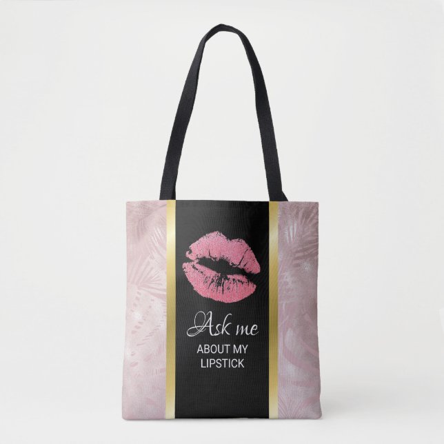 Pink Glitter Lips Ask Me About My Lipstick Tote Bag (Front)