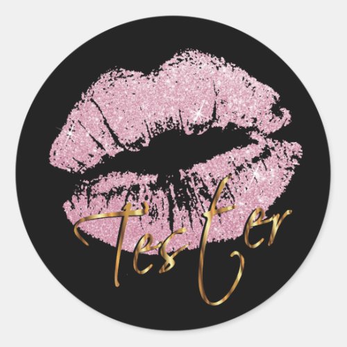Pink Glitter Lips on Black _ Tester Classic Round Sticker