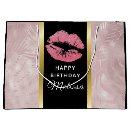 Pink Glitter Lips &amp; Rose Gold  Leaves Birthday Large Gift Bag
