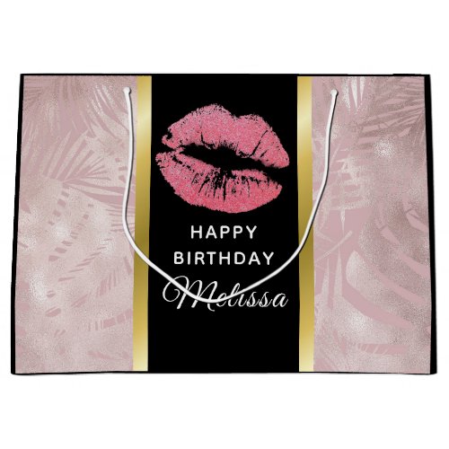 Pink Glitter Lips  Rose Gold  Leaves Birthday Large Gift Bag