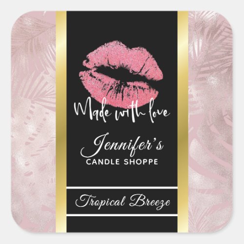 Pink Glitter Lips  Rose Gold Leaves Candle Square Sticker