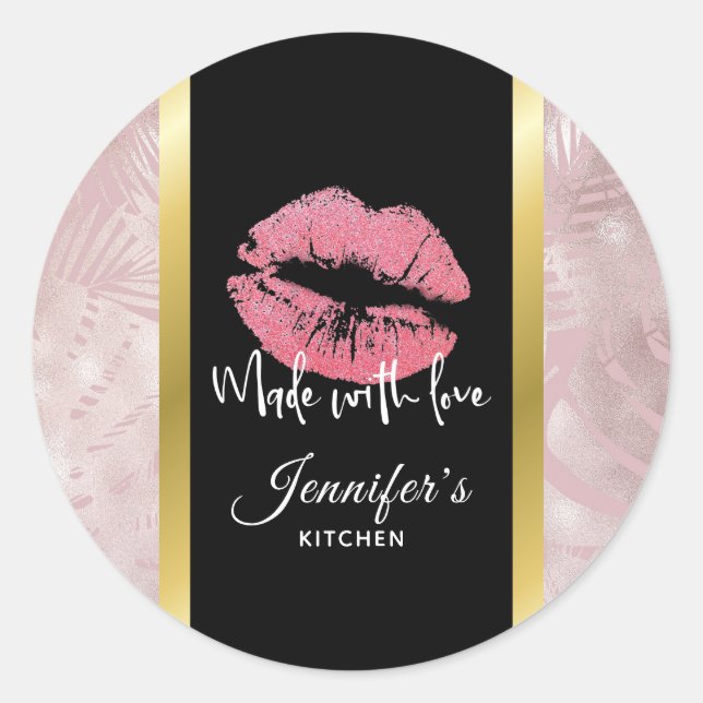 Pink Glitter Lips & Rose Gold Leaves Kitchen Classic Round Sticker (Front)