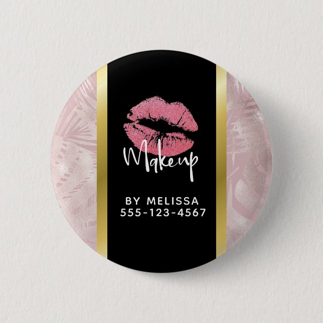 Pink Glitter Lips & Rose Gold Leaves Makeup Biz Button (Front)