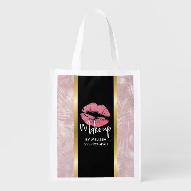 Pink Glitter Lips & Rose Gold Leaves Makeup Biz Grocery Bag (Front)
