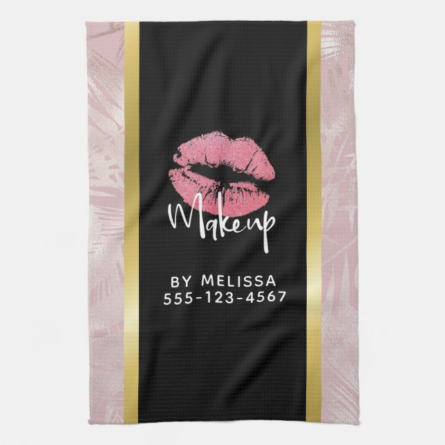 Pink Glitter Lips & Rose Gold Leaves Makeup Biz Kitchen Towel (Vertical)