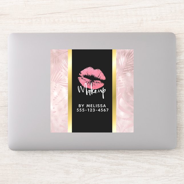 Pink Glitter Lips & Rose Gold Leaves Makeup Biz Sticker (Computer)