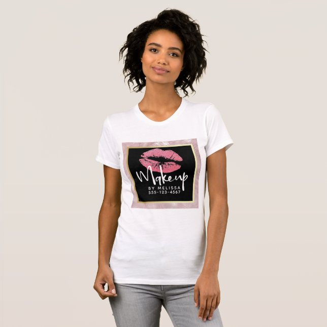 Pink Glitter Lips & Rose Gold Leaves Makeup Biz T-Shirt (Front Full)