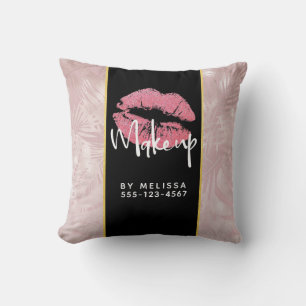Pink Glitter Lips & Rose Gold Leaves Makeup Biz Throw Pillow
