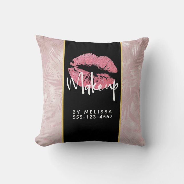 Pink Glitter Lips & Rose Gold Leaves Makeup Biz Throw Pillow (Front)