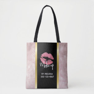 Pink Glitter Lips & Rose Gold Leaves Makeup Biz Tote Bag