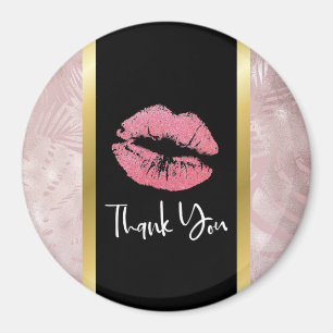 Pink Glitter Lips & Rose Gold Leaves Thank You Magnet