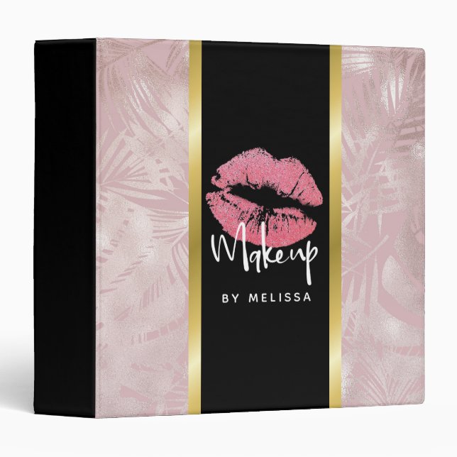 Pink Glitter Lips & Rose Gold Tropical Leaves 3 Ring Binder (Front/Spine)