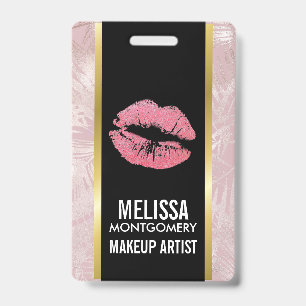 Pink Glitter Lips & Rose Gold Tropical Leaves Badge