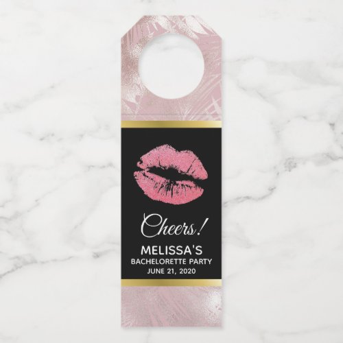 Pink Glitter Lips  Rose Gold Tropical Leaves Bottle Hanger Tag