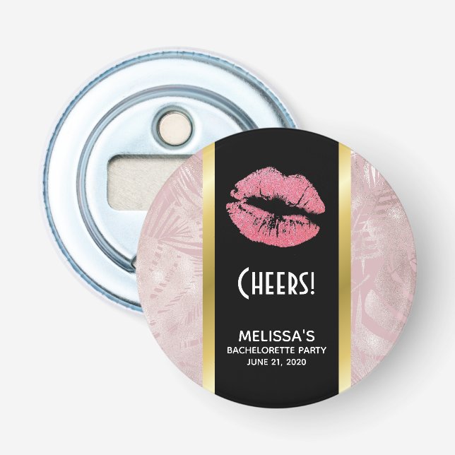 Pink Glitter Lips & Rose Gold Tropical Leaves Bottle Opener (Front)
