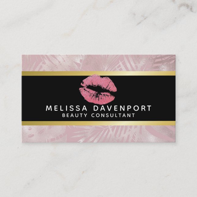 Pink Glitter Lips & Rose Gold Tropical Leaves Business Card (Front)