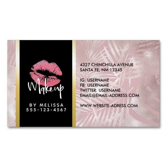 Pink Glitter Lips & Rose Gold Tropical Leaves Business Card Magnet (Front)