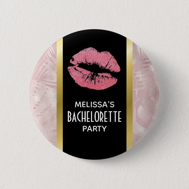 Pink Glitter Lips & Rose Gold Tropical Leaves Button (Front)
