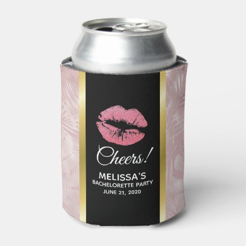 Pink Glitter Lips  Rose Gold Tropical Leaves Can Cooler