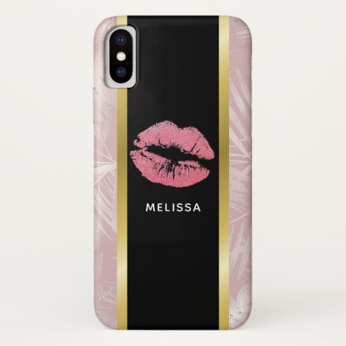 Pink Glitter Lips  Rose Gold Tropical Leaves iPhone X Case