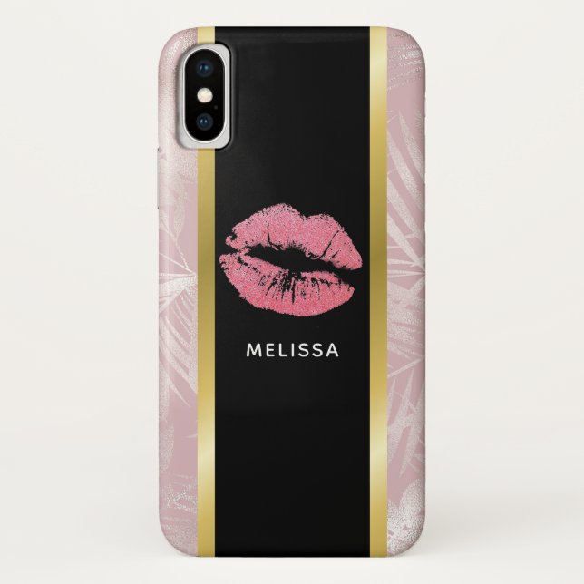 Pink Glitter Lips & Rose Gold Tropical Leaves Case-Mate iPhone Case (Back)