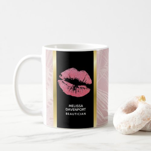 Pink Glitter Lips  Rose Gold Tropical Leaves Coffee Mug