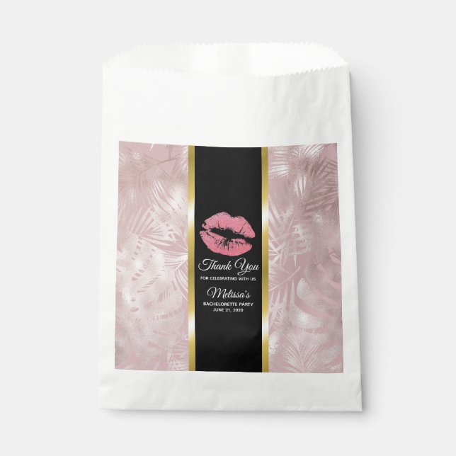 Pink Glitter Lips & Rose Gold Tropical Leaves Favor Bag (Front)