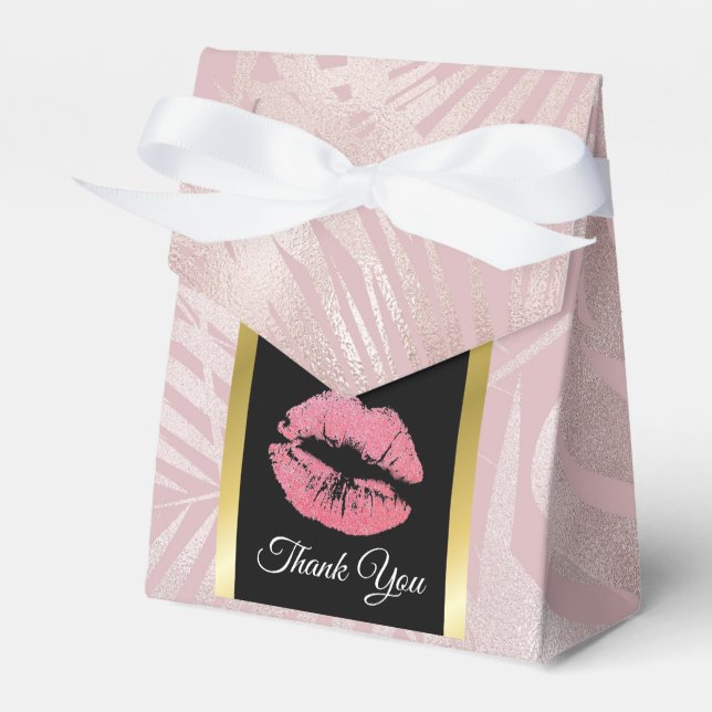 Pink Glitter Lips & Rose Gold Tropical Leaves Favor Boxes (Front Side)