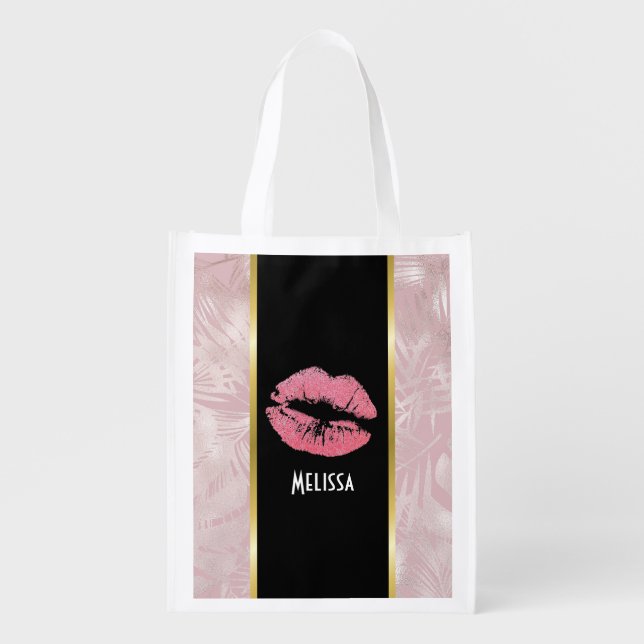 Pink Glitter Lips & Rose Gold Tropical Leaves Grocery Bag (Front)